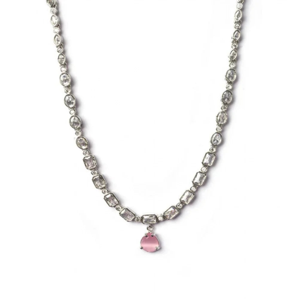 Silver-Plated Pink Teardrop Gemstone & Crystal Choker Necklace Set