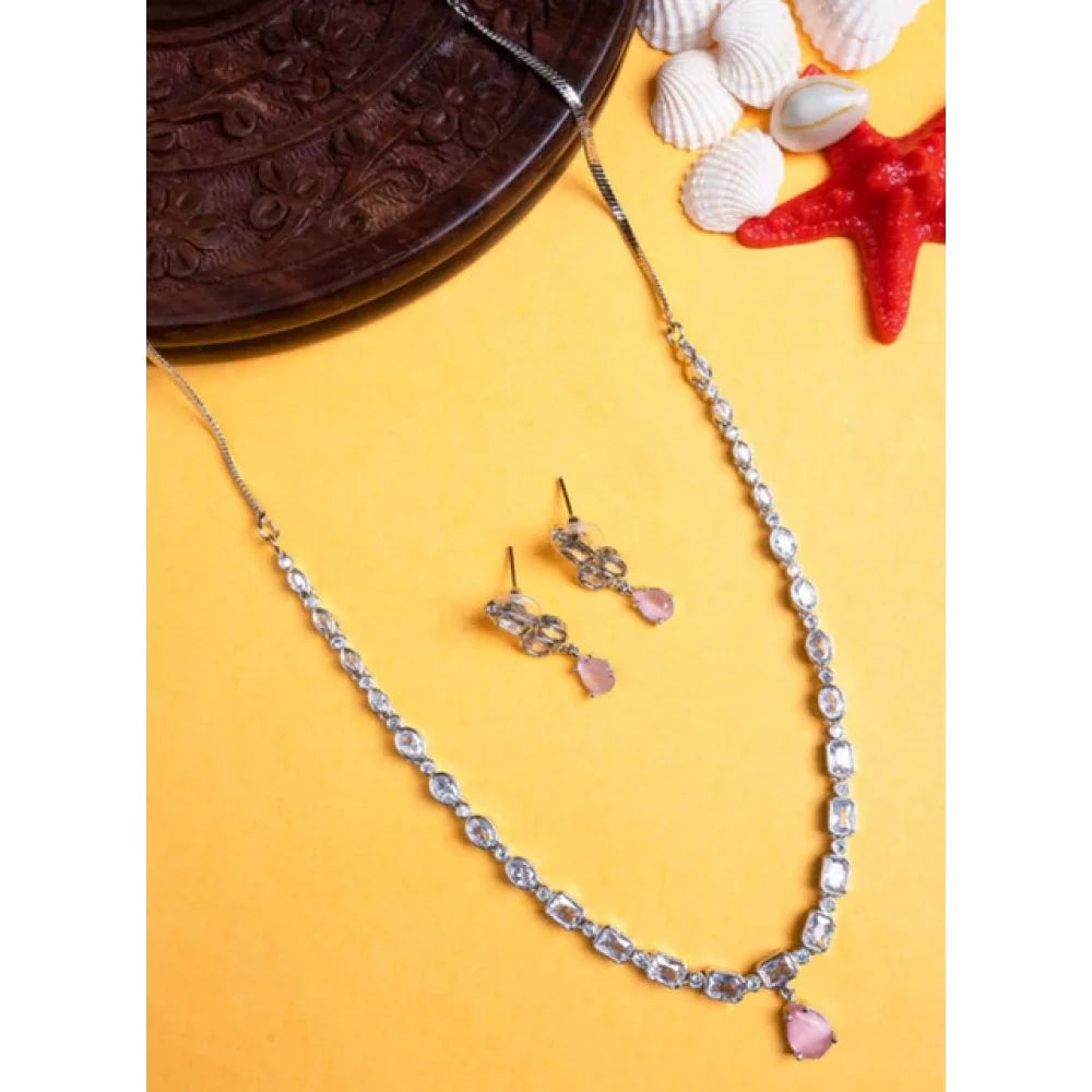 Silver-Plated Pink Teardrop Gemstone & Crystal Choker Necklace Set