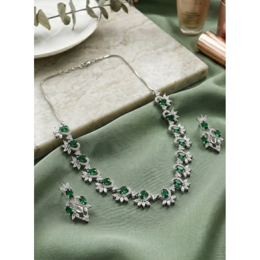 Silver-Plated Emerald Green American Diamond Necklace Set with Earrings