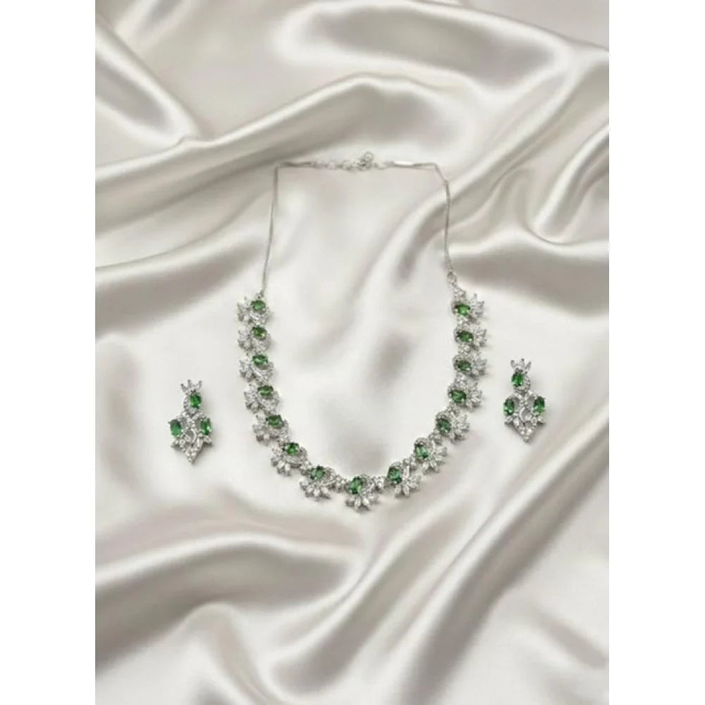 Silver-Plated Emerald Green American Diamond Necklace Set with Earrings