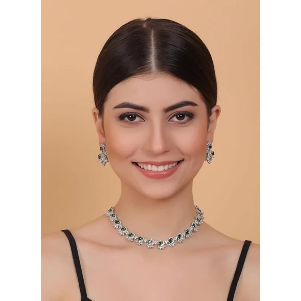 Silver-Plated Emerald Green American Diamond Necklace Set with Earrings