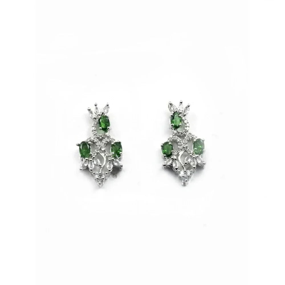 Silver-Plated Emerald Green American Diamond Necklace Set with Earrings
