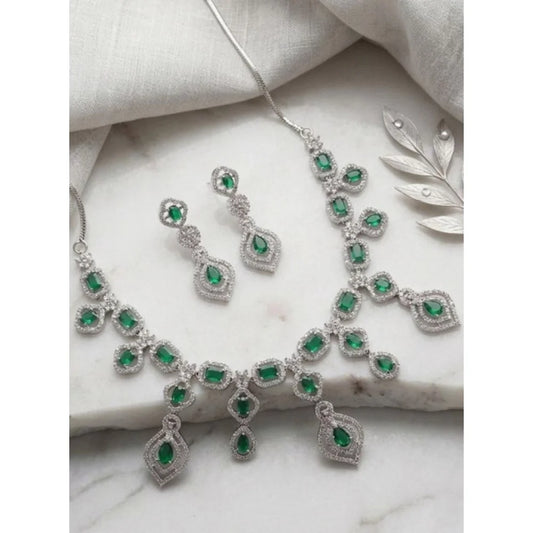 Aethel Emerald Royale Silver-Plated Necklace & Drop Earrings Set