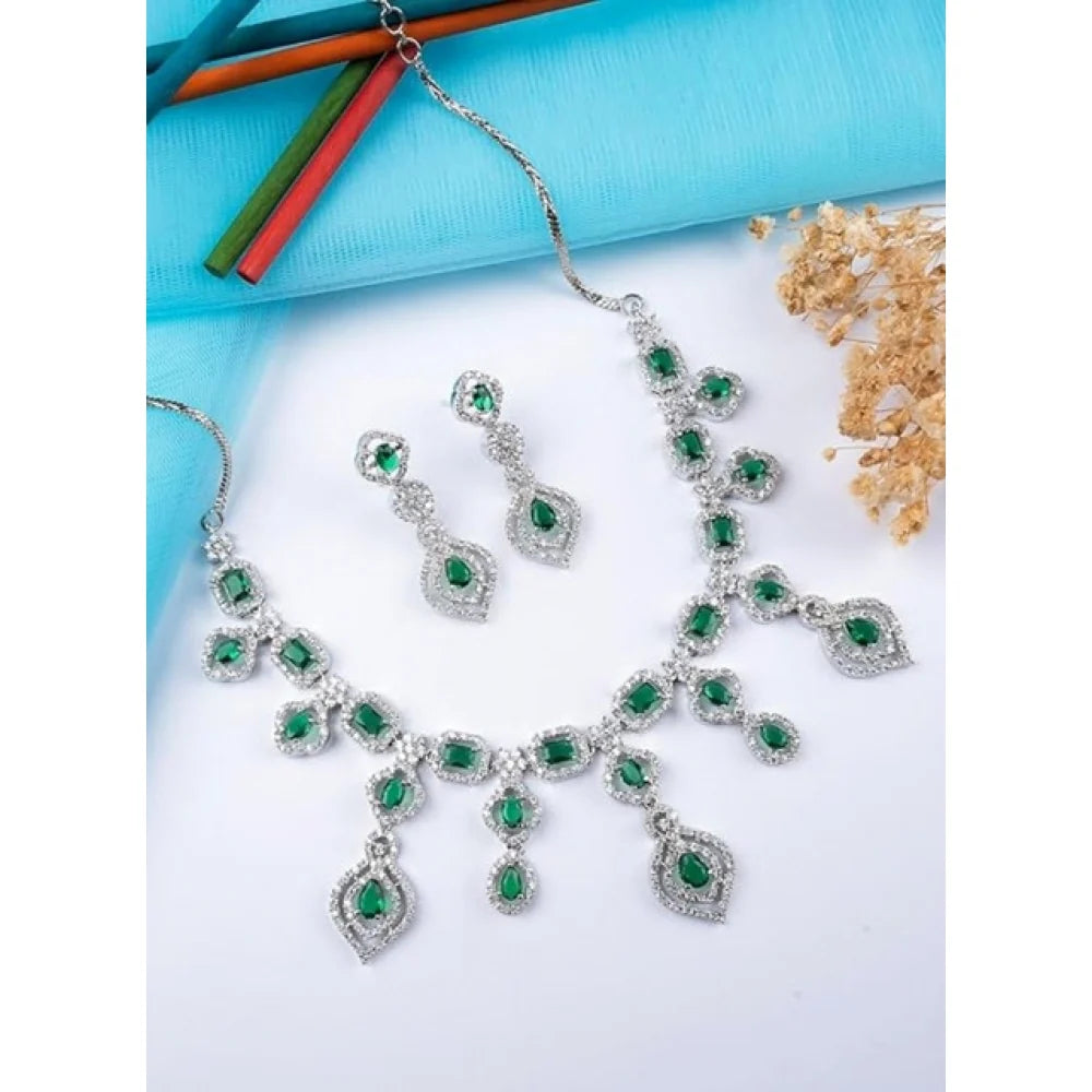 Aethel Emerald Royale Silver-Plated Necklace & Drop Earrings Set