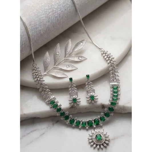 Silver-Plated Royal Emerald Green Cubic Zirconia Statement Necklace Set with Earrings
