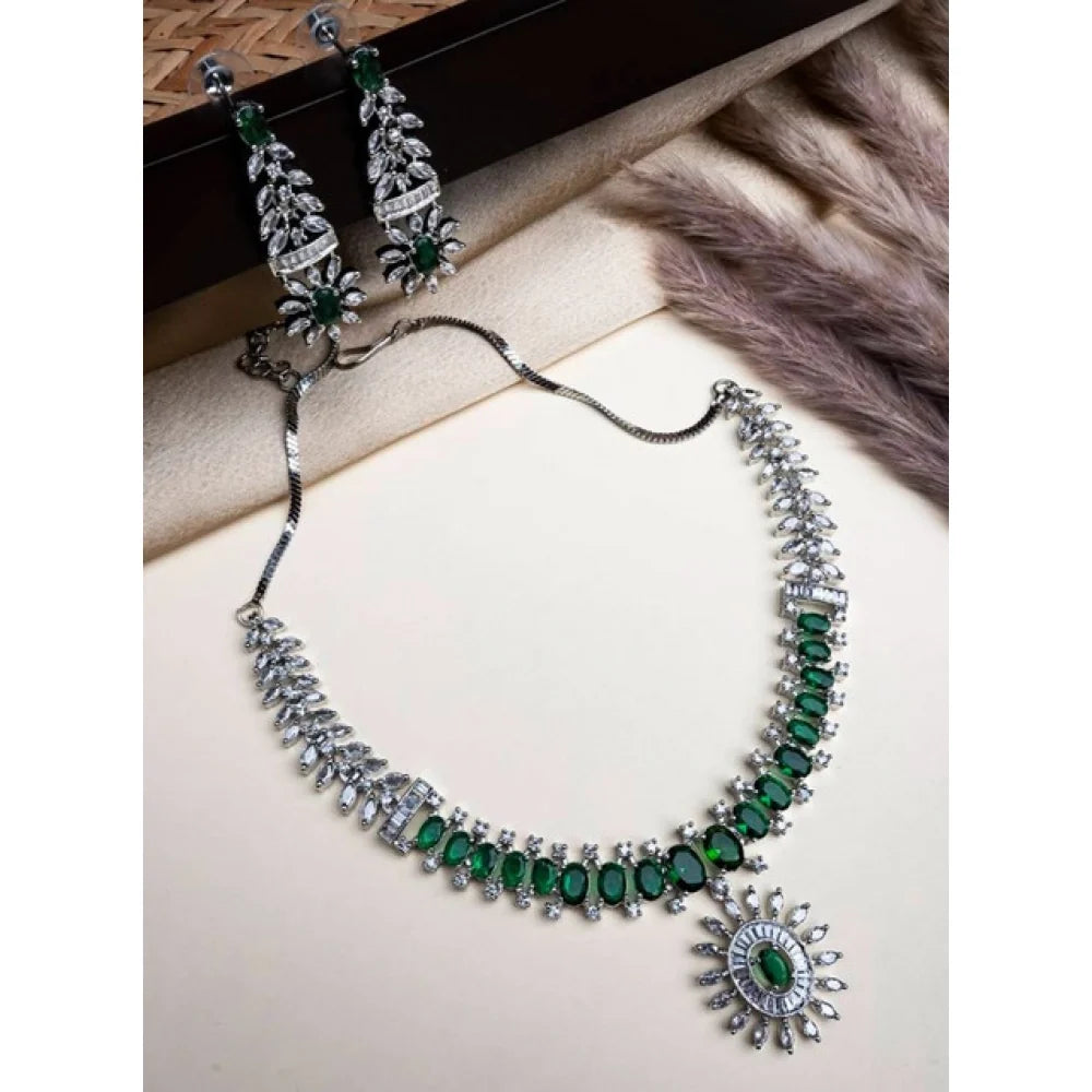 Silver-Plated Royal Emerald Green Cubic Zirconia Statement Necklace Set with Earrings