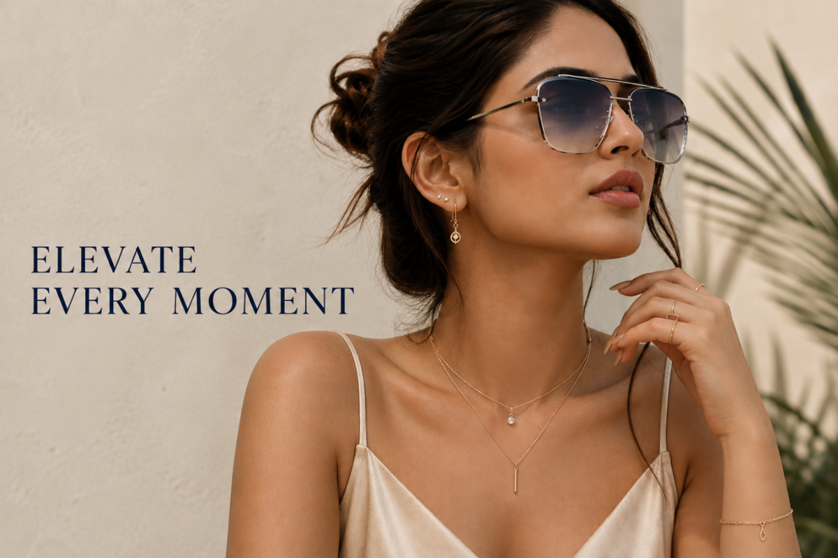 A woman wearing aviator-style sunglasses with a gradient blue-to-clear lens, gold-toned metal frames, and delicate gold jewelry, posed against a textured beige wall with a plant leaf in the background. The text 'ELEVATE EVERY MOMENT' appears on the left.